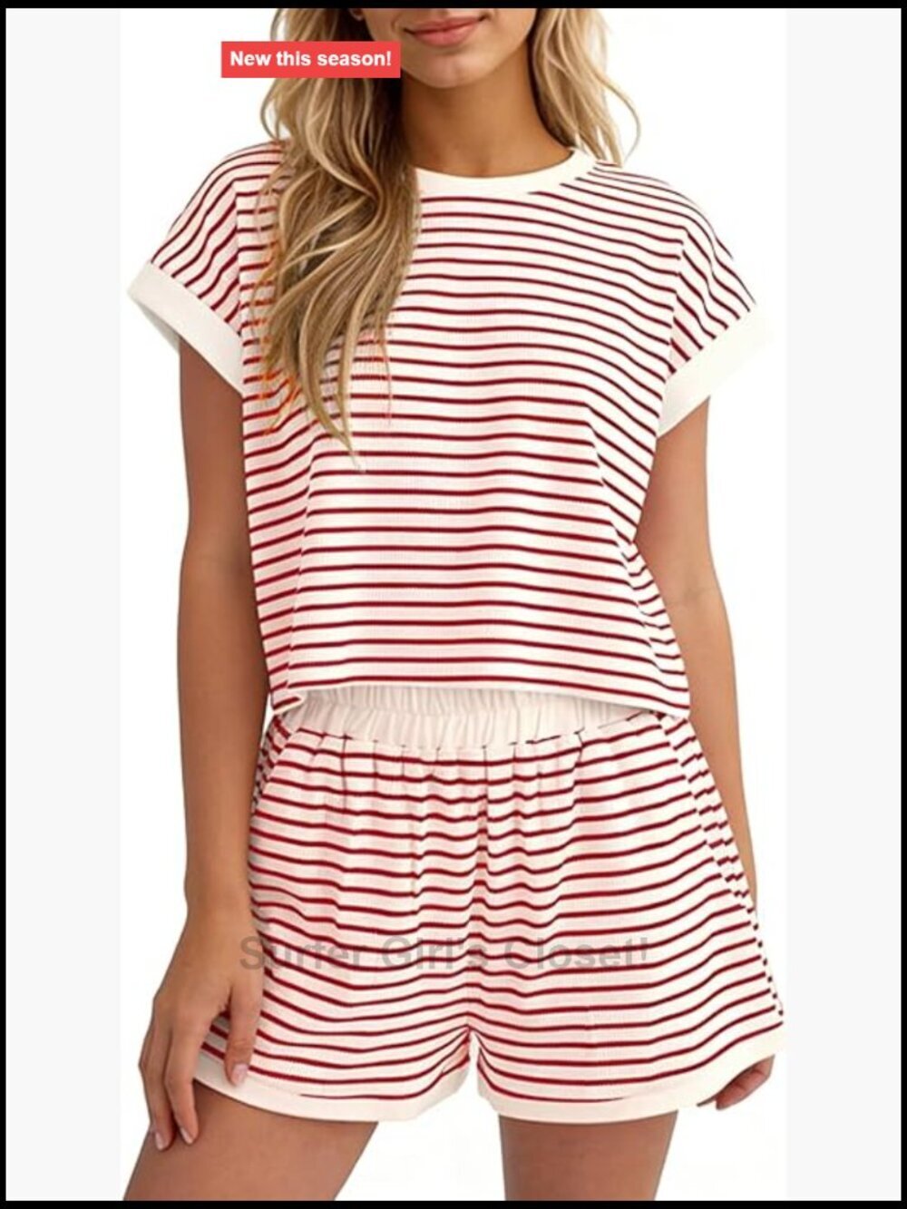 Striped Knit 2 Piece Lounge Set with Short Sleeve Top and Elastic Waist Shorts